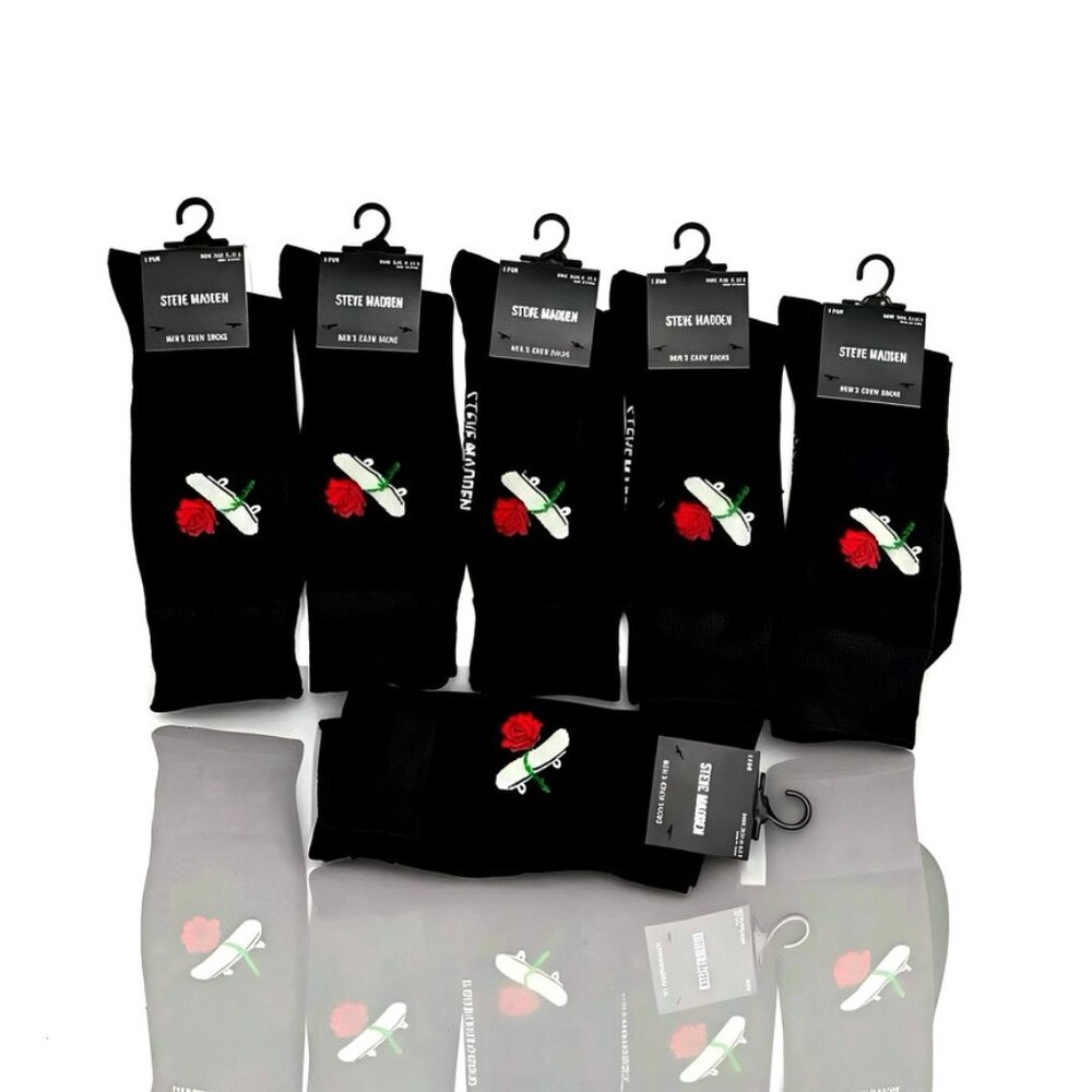 Steve Madden Men Crew Socks Novelty Rose Skateboard Black Red 6 Pair Shoe 6-12